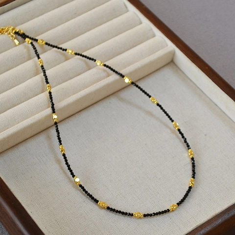 Collar de Cuentas de Espinela Negra Vintage Francés Hecho a Mano para Mujer Cadena de Clavícula de Cobre Chapado en Oro Joyería