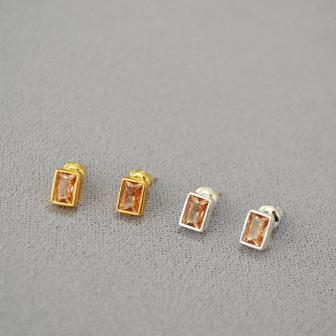 Orecchini a Bottone Rettangolari Minimalisti in Zirconia Ottone Geometrici Con Perno in Argento Sterling 925 per Donna