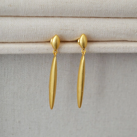 Pendientes de Botón Vintage Franceses Minimalistas de Latón Chapado en Oro Mate Forma de Gota Con Poste de Plata de Ley 925 Joyería para Mujer