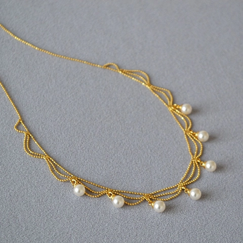 Collana a Catena Multistrato a Onde Stile Palazzo Vintage Francese Con Perle Artificiali Catena a Clavicola in Rame Placcato Oro