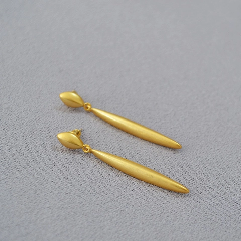 Pendientes de Botón Vintage Franceses Minimalistas de Latón Chapado en Oro Mate Forma de Gota Con Poste de Plata de Ley 925 Joyería para Mujer