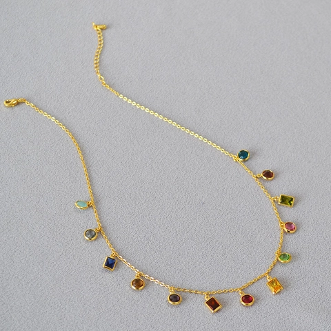 French Vintage Gold Plated Brass Colorful Zirconia Necklace For Women Minimalist Geometric Pendant Clavicle Chain Jewelry