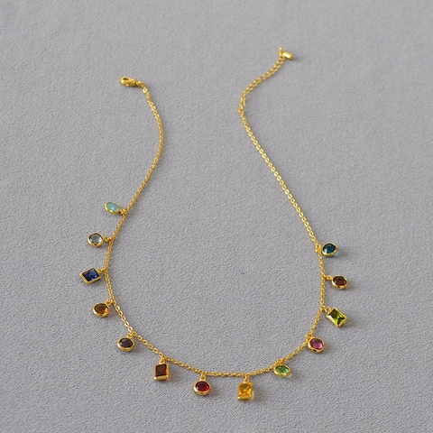 French Vintage Gold Plated Brass Colorful Zirconia Necklace For Women Minimalist Geometric Pendant Clavicle Chain Jewelry