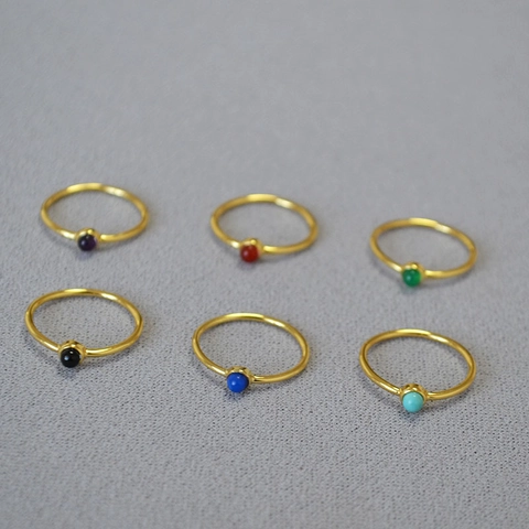 Minimalist Brass Gold Plated Ring For Women Inlaid Round Natural Stone Agate Amethyst Lapis Lazuli Thin Stackable Finger Ring