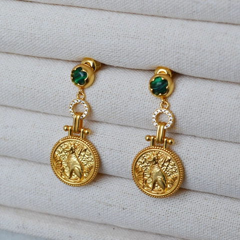 Pendientes Largos Retro Latón Chapado Oro Moneda Gato Antiguo Egipto Malaquita Artificial Strass Poste Plata 925