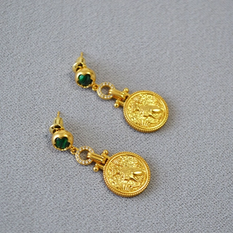Pendientes Largos Retro Latón Chapado Oro Moneda Gato Antiguo Egipto Malaquita Artificial Strass Poste Plata 925