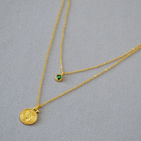 Collana a Doppio Strato In Ottone Placcato Oro Con Moneta Gatto Egiziano E Ciondolo In Malachite Sintetica Gioielli Donna