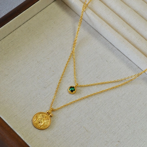 Collana a Doppio Strato In Ottone Placcato Oro Con Moneta Gatto Egiziano E Ciondolo In Malachite Sintetica Gioielli Donna