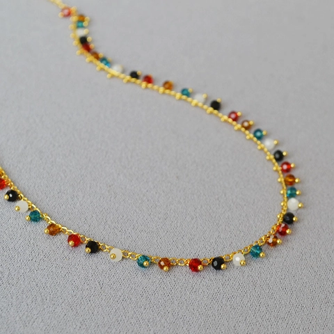 Vintage Bohemia Multi-Color Synthetic Crystal Alloy Necklace Handmade Brass Gold Plated Clavicle Chain Jewelry For Women Gift
