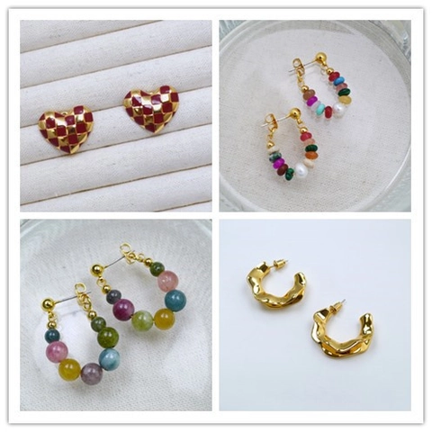 Vintage Brass Gold Plated Beaded Earrings For Women Niche Design Natural Stone Artificial Pearl Geometric Stud Earrings
