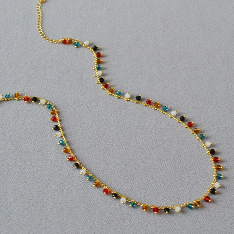 Vintage Bohemia Multi-Color Synthetic Crystal Alloy Necklace Handmade Brass Gold Plated Clavicle Chain Jewelry For Women Gift