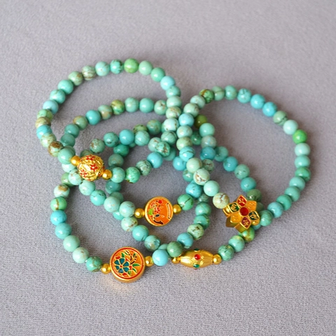 Vintage Ethnic Artificial Turquoise Beaded Bracelet For Women Brass Enamel Flower Charm Retro Artistic Chinese Style Jewelry