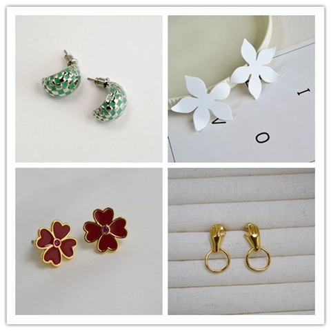 Vintage Brass Gold Plated Earrings Set For Women Minimalist Geometric Heart Flower Artificial Pearl Rhinestone Stud Earrings