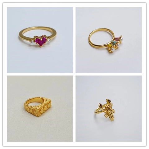 Vintage Brass Gold Plated Open Ring For Women Niche Design Geometric Heart Snake Lobster Resin Flower Inlaid Rhinestone Ring