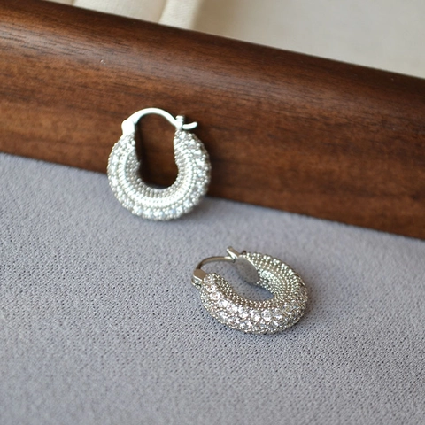 Orecchini a Cerchio in Ottone con Zirconia Pavé Placcati in Argento Scintillanti Orecchini Geometrici a Cerchio per Donna