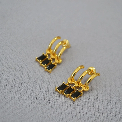 Vintage Vergoldet Kupfer Schwarz Zirkonia Ohrstecker Geometrische Drei Bogen Mit 925 Sterlingsilber Stift Damen Schmuck