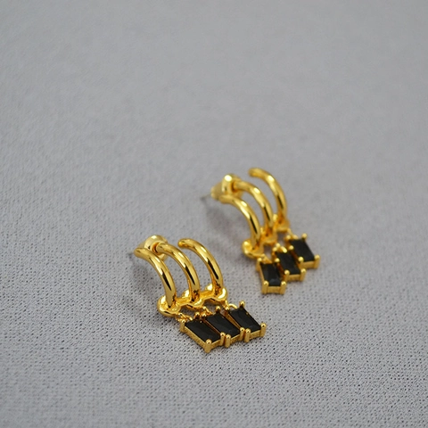 Vintage Vergoldet Kupfer Schwarz Zirkonia Ohrstecker Geometrische Drei Bogen Mit 925 Sterlingsilber Stift Damen Schmuck