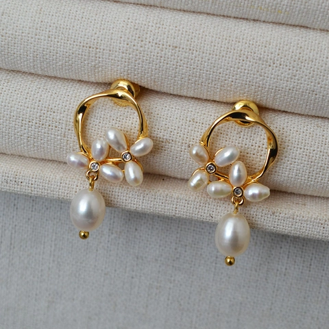 925 Sterling Silver Earring Post Copper Gold Plated Freshwater Pearl Flower Earrings For Women Zirconia Water Drop Jewelry