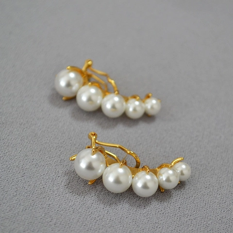 Vintage Messing Vergoldet Fünf Perlen Crawler Ohrringe Mit 925 Sterling Silber Stift Elegante Künstliche Perle Ear Climber Damen