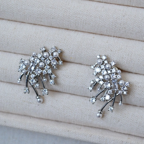 Elegant Copper Zirconia Fireworks Stud Earrings With Artificial Pearl 925 Sterling Silver Post For Women Luxury Jewelry