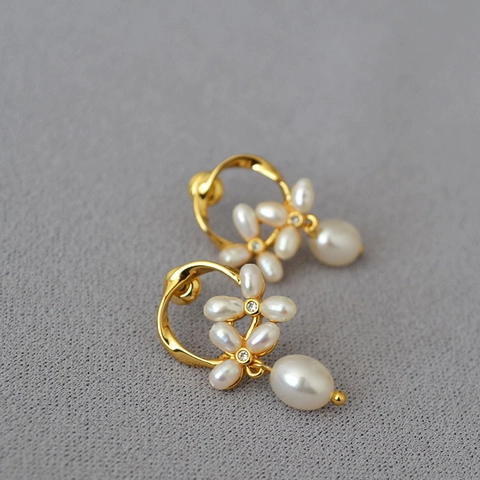 925 Sterling Silver Earring Post Copper Gold Plated Freshwater Pearl Flower Earrings For Women Zirconia Water Drop Jewelry