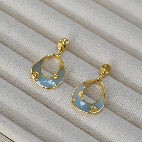 Orecchini a Goccia Francesi Vintage in Smalto Blu con Fiori in Ottone Placcato Oro e Strass con Perno in Argento 925