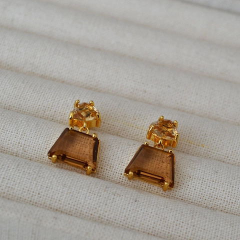 Orecchini a Bottone in Vetro Artigianale Marrone Geometrico Vintage Per Donna In Rame Placcato Oro Triangolo Trapezio Perno In Argento 925