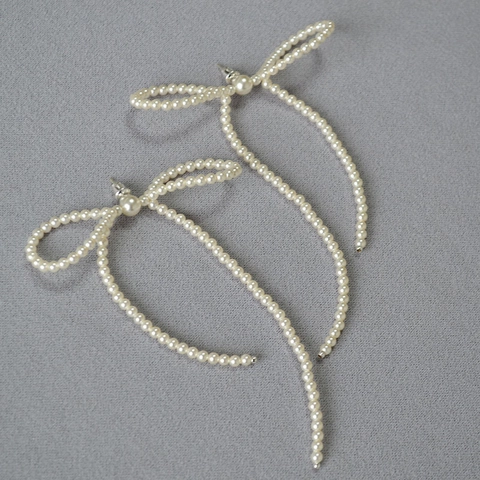 Pendientes Largos de Borla y Lazo de Perlas Artificiales Tejidos a Mano Con Poste de Plata de Ley 925 Joyería Elegante
