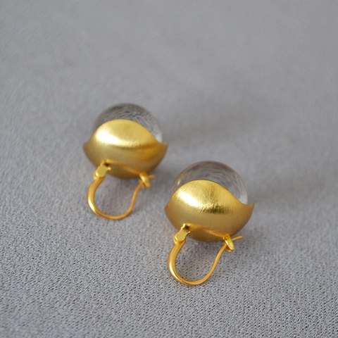 Orecchini Pendenti Vintage in Ottone Spazzolato Placcato Oro a Bocciolo Con Sfera in Cristallo di Vetro Gioielli Donna