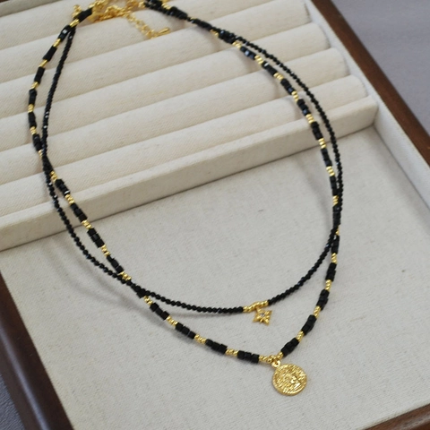 French Vintage Black Spinel Star Sun God Coin Layered Pendant Necklace Gold Plated Copper Alloy Jewelry For Women Party