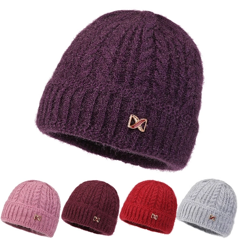 Women Winter Warm Knit Beanie Hat Thick Velvet Lined Jacquard Floral Pattern For Middle-Aged Elderly Mother Grandmother Casual Cap