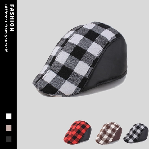 Retro Britse Ruit Platte Pet Voor Heren Vintage Geruite Duckbill Hoed Met PU Leer Splicing Winter Warme Baret Newsboy Cap