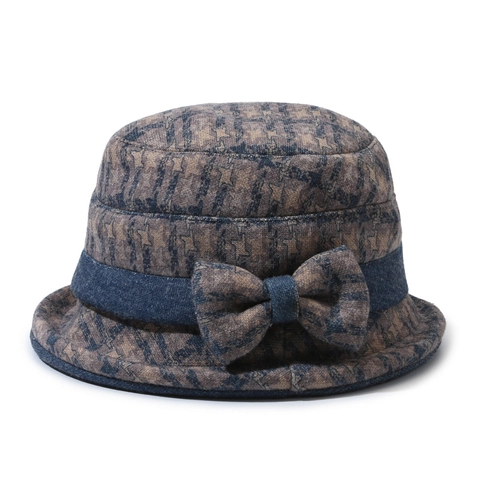 Dames Retro Geruite Wollen Fischerhoed Winter Warme Cloche Hoed Met Strik Elegante Geblokte Patronen Basinhoed Voor Buiten