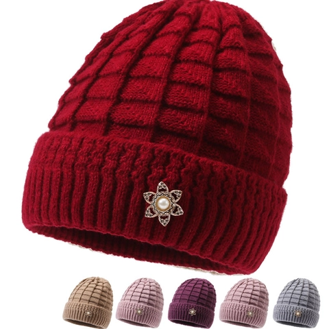 Women's Winter Thick Knitted Beanie Hat With Fleece Lining Elegant Flower Pearl Decor Warm Grandma Mother Skull Cap