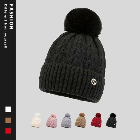 Dames Winter Kabelgebreide Beanie Muts Met Kunstbont Pompon Fleece Gevoerd Warm Slouchy Skimuts Strass Letter Logo Decor