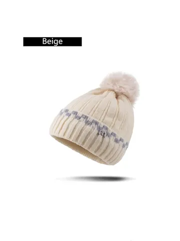 Bonnet en Maille Épais pour Femmes Hiver Chaud Chapeau à Pompon Décoration Lettre Métal Motif Carreaux Ski Extérieur Polyester