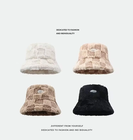 Dames Japanse Schaakbord Kunstbont Vissershoed Dik Warm Winter Pluche Letterpatch Zachte Bekkenkap