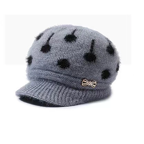 Women Winter Warm Knit Beanie Hat With Brim Plus Velvet Lining Jacquard Polka Dot Umbrella Pattern Rhinestone Bow Decor Mother Cap