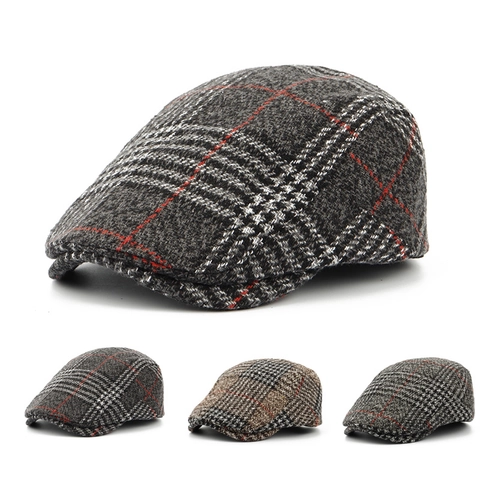 Vintage Britse Stijl Polyester Geruite Platte Pet Voor Dames Heren Winter Warm Visgraatmotief Newsboy Beret Verstelbare Hoed