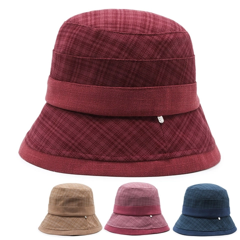 Women Plaid Bucket Hat Elegant Middle Aged Mother Hat Polyester Warm Windproof Autumn Winter Fashion Cloche Hat Metal Decor