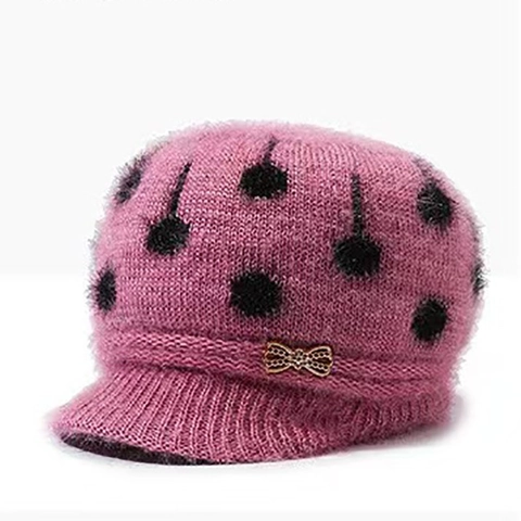 Women Winter Warm Knit Beanie Hat With Brim Plus Velvet Lining Jacquard Polka Dot Umbrella Pattern Rhinestone Bow Decor Mother Cap