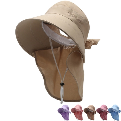 Women Sun Hat UV Protection Wide Brim Summer Outdoor Fishing Cycling Cap Neck Face Flap Adjustable Windproof Rope Hat