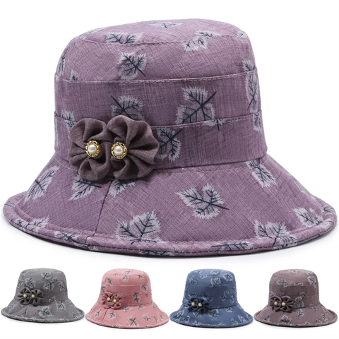 Polyester Sun Hat For Women Middle-Aged Elegant Floral Leaf Print Bucket Hat With Artificial Pearl Decor Embroidered Summer Cap