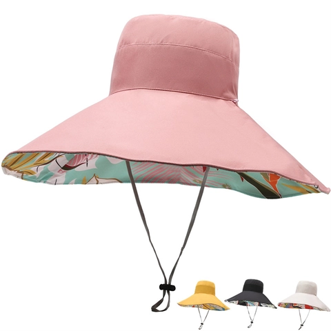 Dames Omkeerbare Vissershoed Met Brede Rand Bloemen Golfpatroon Zonnehoed Met Verstelbaar Windtouw Zomer Zonbeschermingshoed