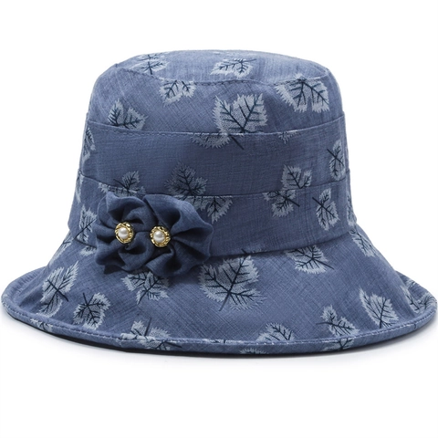 Polyester Sun Hat For Women Middle-Aged Elegant Floral Leaf Print Bucket Hat With Artificial Pearl Decor Embroidered Summer Cap