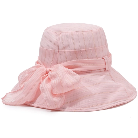 Women Sun Protection Bucket Hat Elegant Large Bow Summer Beach Sunshade Foldable Striped Polyester Cotton Blend Fashion Hat