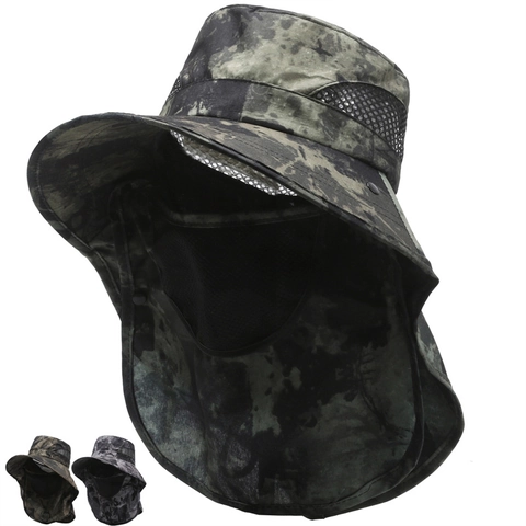 Chapeau Protection Solaire Camouflage Homme Polyester Large Bord Pêche Chapeau Bob Avec Masque Facial Amovible Couvre Nuque