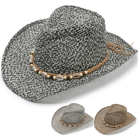 Western Strohhut Cowboyhut Für Herren Damen Sonnenschutz Strand Fedora Mit Muschel Holzperlen Böhmisch Gewebt Sommer Urlaub Accessoire