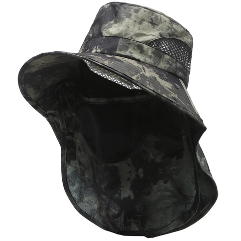 Chapeau Protection Solaire Camouflage Homme Polyester Large Bord Pêche Chapeau Bob Avec Masque Facial Amovible Couvre Nuque