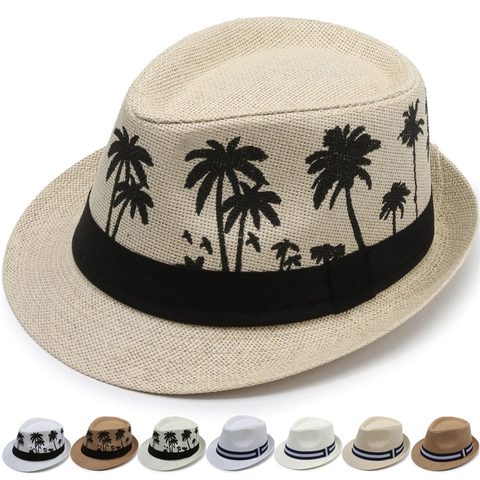 Cappello Fedora in Paglia con Motivo a Palma Uomo Estate Spiaggia Protezione Solare Cappello Jazz All'aperto Vacanza Accessorio Donna